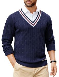 COOFANDY Mens Cable Knit Sweater Long Sleeve V Neck Casual Cricket Sweater Christmas Sweater Navy Blue