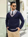 COOFANDY Mens Cable Knit Sweater Long Sleeve V Neck Casual Cricket Sweater Christmas Sweater Navy Blue