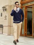 COOFANDY Mens Cable Knit Sweater Long Sleeve V Neck Casual Cricket Sweater Christmas Sweater Navy Blue