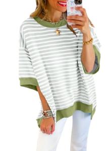 SHEWIN Womens Spring Tops Casual Crewneck Short Sleeve Shirts Oversized Sweatshirt Lightweight Knit Tunic Top Loose T Shirts for Women 2026 Summer Clothes Mist Green Stripe M