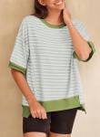 SHEWIN Womens Spring Tops Casual Crewneck Short Sleeve Shirts Oversized Sweatshirt Lightweight Knit Tunic Top Loose T Shirts for Women 2026 Summer Clothes Mist Green Stripe M