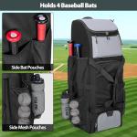 GOBUROS Rolling Baseball Bag for 4 Bats, Black Softball Bag with Wheels, Large Baseball Equipment Bag with Separate Shoe Compartment and Glove Pocket
