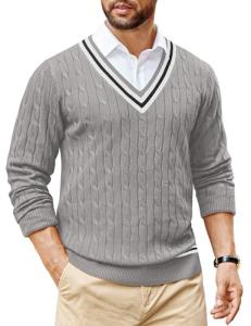 COOFANDY Mens Cable Knit Sweater Long Sleeve V Neck Casual Cricket Sweater Christmas Sweater Grey