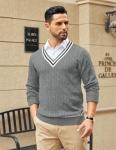 COOFANDY Mens Cable Knit Sweater Long Sleeve V Neck Casual Cricket Sweater Christmas Sweater Grey