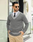 COOFANDY Mens Cable Knit Sweater Long Sleeve V Neck Casual Cricket Sweater Christmas Sweater Grey