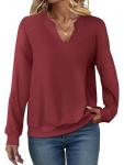 EADINVE Womens Casual Long Sleeve V Neck Sweatshirts Cute Loose Fit Lightweight Pullover Fall Clothes Tunic Tops Wine