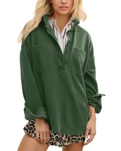 Locachy Women's Casual Oversized Polo Neck Sweatshirt Lapel Long Sleeve Button Pullover Tops Fashion Outfits Clothes Dark Green XL