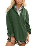 Locachy Women's Casual Oversized Polo Neck Sweatshirt Lapel Long Sleeve Button Pullover Tops Fashion Outfits Clothes Dark Green XL
