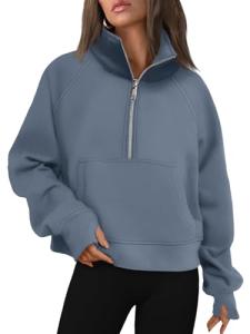 AUTOMET Womens Sweatshirts Half Zip Cropped Pullover Fleece Quarter Zipper Hoodies 2025 Fall Fashion Outfits Clothes GreyBlue Medium