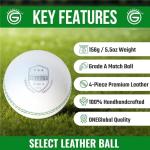 ONEGlobal Select Leather Cricket Ball | 100% Handcrafted, 156g - 5.5oz, 4-Piece Construction | Ideal for T20, Net Practice, Training etc. (White, 1 Pack)