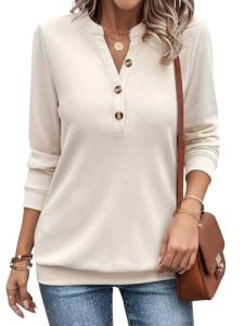 EADINVE Womens V Neck Long Sleeve Sweatshirts Half Button Lightweight Pullover Fashion Fall Clothes Apricot