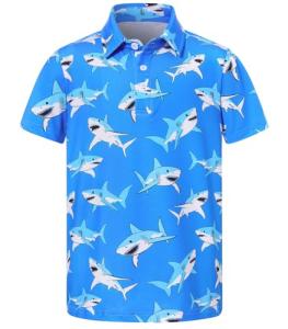 Cuddomper Boys Polo Shirt Size 5-6 Short Sleeve Hawaiian Shark Golf Clothes Blue Performance Dry Fit Tops for Active Casual