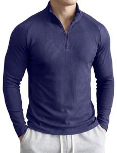 JMIERR Mens Quarter Zip Muscle Slim Fit Running Shirt Stretchy Breathable Textured Vintage Golf Shirt for Athletic Workout, Medium, A Navy Blue