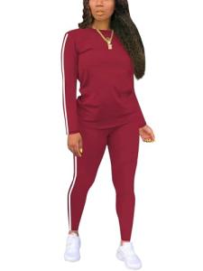BNGPIKLY Preppy Cricket Pants Sets Women 2 piece Outfits Dressy Machine Wash O Neck Long Sleeve Top and Pants WineRed L