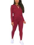 BNGPIKLY Preppy Cricket Pants Sets Women 2 piece Outfits Dressy Machine Wash O Neck Long Sleeve Top and Pants WineRed L