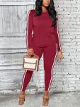 BNGPIKLY Preppy Cricket Pants Sets Women 2 piece Outfits Dressy Machine Wash O Neck Long Sleeve Top and Pants WineRed L