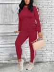BNGPIKLY Preppy Cricket Pants Sets Women 2 piece Outfits Dressy Machine Wash O Neck Long Sleeve Top and Pants WineRed L