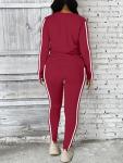 BNGPIKLY Preppy Cricket Pants Sets Women 2 piece Outfits Dressy Machine Wash O Neck Long Sleeve Top and Pants WineRed L