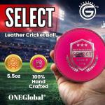 ONEGlobal Select Leather Cricket Ball | 100% Handcrafted, 156g - 5.5oz, 4-Piece Construction | Ideal for T20, Net Practice, Training etc. (Pink, 1 Pack)
