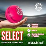 ONEGlobal Select Leather Cricket Ball | 100% Handcrafted, 156g - 5.5oz, 4-Piece Construction | Ideal for T20, Net Practice, Training etc. (Pink, 1 Pack)