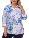 Koscacy Plus Size Golf Clothes for Women, Ladies Polo Shirts 3/4 Sleeve Sport Tops Tennis Attire Quick Dry Moisture Wicking Hiking Tops Blue White Floral 4XL