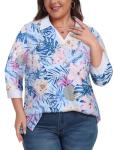 Koscacy Plus Size Golf Clothes for Women, Ladies Polo Shirts 3/4 Sleeve Sport Tops Tennis Attire Quick Dry Moisture Wicking Hiking Tops Blue White Floral 4XL