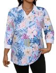 Koscacy Plus Size Golf Clothes for Women, Ladies Polo Shirts 3/4 Sleeve Sport Tops Tennis Attire Quick Dry Moisture Wicking Hiking Tops Blue White Floral 4XL