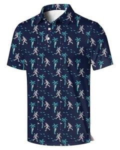 COOLLYME Men's Golf Polo Shirt, Navy Blue, Short Sleeve, Cricket Player and Palm Tree Pattern, 100% Polyester, Regular Fit