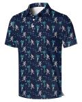 COOLLYME Men's Golf Polo Shirt, Navy Blue, Short Sleeve, Cricket Player and Palm Tree Pattern, 100% Polyester, Regular Fit
