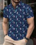 COOLLYME Men's Golf Polo Shirt, Navy Blue, Short Sleeve, Cricket Player and Palm Tree Pattern, 100% Polyester, Regular Fit