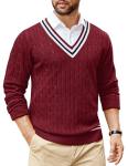 COOFANDY Mens Cable Knit Sweater Long Sleeve V Neck Casual Cricket Sweater Christmas Sweater Wine Red