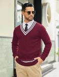 COOFANDY Mens Cable Knit Sweater Long Sleeve V Neck Casual Cricket Sweater Christmas Sweater Wine Red