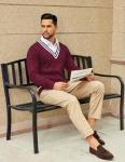 COOFANDY Mens Cable Knit Sweater Long Sleeve V Neck Casual Cricket Sweater Christmas Sweater Wine Red