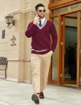 COOFANDY Mens Cable Knit Sweater Long Sleeve V Neck Casual Cricket Sweater Christmas Sweater Wine Red