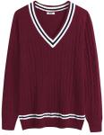 COOFANDY Mens Cable Knit Sweater Long Sleeve V Neck Casual Cricket Sweater Christmas Sweater Wine Red