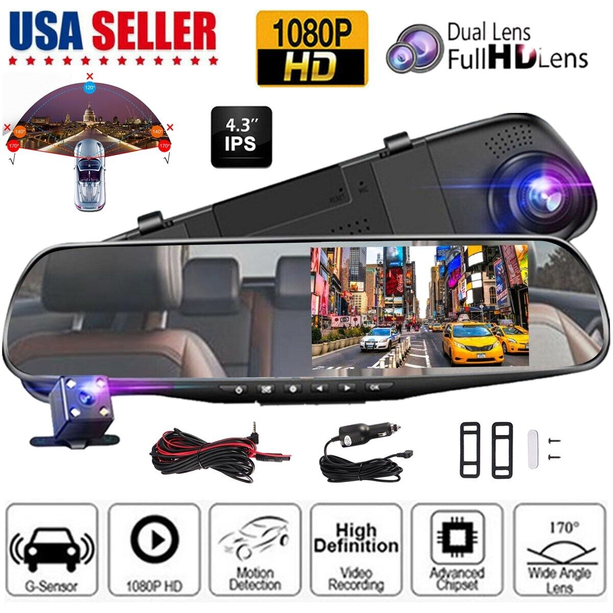 1080P HD Dual Dash Cam with Rearview Mirror