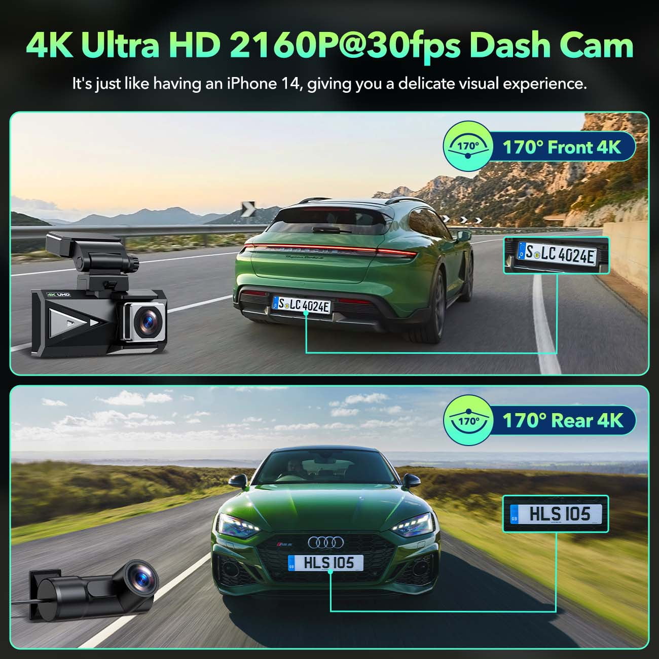 TOGUARD Dual 4K WiFi Dash Cam with Night Vision