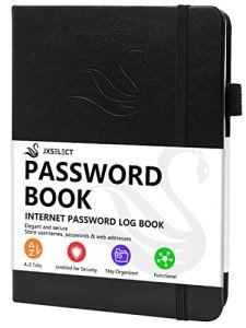 Elegant Password Book with Alphabetical Tabs - Hardcover Password Book for Internet Website Address Login - 5.2" x 7.6" Password Keeper and Organizer w/Notes Section & Back Pocket (Black)