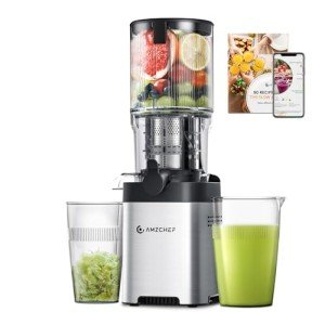 AMZCHEF Cold Press Juicer, Juicer Machines - 5.2" Large Feed Chute for Whole Fruits & Vegetables, Stainless Steel Slow Masticating Juicer Easy to Clean, Large Auger, Double Strainers, Silver