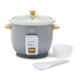 GreenLife 6-Cup Rice Cooker Steamer, PFAS Free Removable Ceramic Nonstick Pot, Auto Presets, Wood Print Handle, Keep Warm Function, One Touch Design, Dishwasher Safe, Measuring Cup, Rice Paddle, Quartz Grey