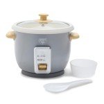 GreenLife 6-Cup Rice Cooker Steamer, PFAS Free Removable Ceramic Nonstick Pot, Auto Presets, Wood Print Handle, Keep Warm Function, One Touch Design, Dishwasher Safe, Measuring Cup, Rice Paddle, Quartz Grey