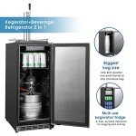 HCK 15 inch Kegerator, 2 in 1 Outdoor Beer Cooler with Shelves, Built-in Undercounter Refrigerator, Stainless Steel Door, Complete Accessories, Single Tap Draft Beer Keg Dispenser for Patio & Home Bar