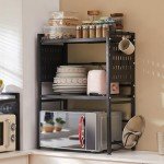 Adjustable Microwave Stand, 3-Tier Microwave Oven Rack with 9 Hooks, Roll Holder and Cutting Board Stand for Kitchen Shelves Counter Top Organizer, Holds 180lbs Bakers Racks for Kitchens (Black)