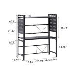 Adjustable Microwave Stand, 3-Tier Microwave Oven Rack with 9 Hooks, Roll Holder and Cutting Board Stand for Kitchen Shelves Counter Top Organizer, Holds 180lbs Bakers Racks for Kitchens (Black)