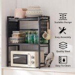 Adjustable Microwave Stand, 3-Tier Microwave Oven Rack with 9 Hooks, Roll Holder and Cutting Board Stand for Kitchen Shelves Counter Top Organizer, Holds 180lbs Bakers Racks for Kitchens (Black)
