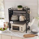 Adjustable Microwave Stand, 3-Tier Microwave Oven Rack with 9 Hooks, Roll Holder and Cutting Board Stand for Kitchen Shelves Counter Top Organizer, Holds 180lbs Bakers Racks for Kitchens (Black)