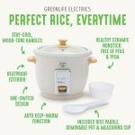 GreenLife 6-Cup Rice Cooker Steamer, PFAS Free Removable Ceramic Nonstick Pot, Auto Presets, Wood Print Handle, Keep Warm Function, One Touch Design, Dishwasher Safe, Measuring Cup, Rice Paddle, Cream