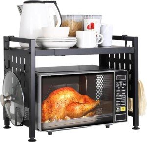 Adjustable 2-Tier Microwave Oven Rack with Hooks