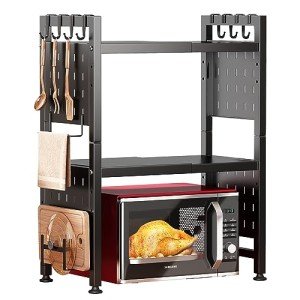 Heavy-Duty Adjustable Microwave Stand with Hooks