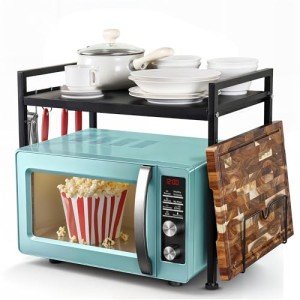 Adjustable 2-Tier Microwave Oven Rack with Hooks